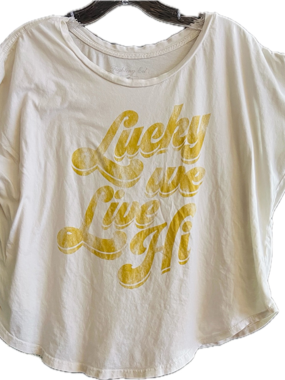 Fighting Eel White Tee with Yellow Script "Lucky Live Life"